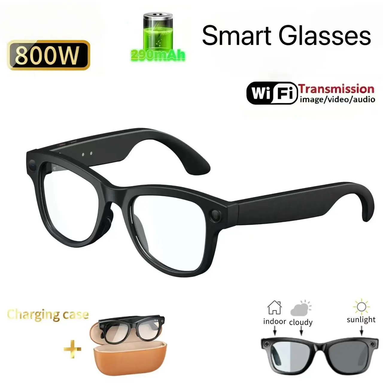 Ai Smart Glasses with Camera, 8mp Photo, 1080P Video, Open Ear Audio, Photo Recognition, Lightweight, Unisex, Light-Change Lenses