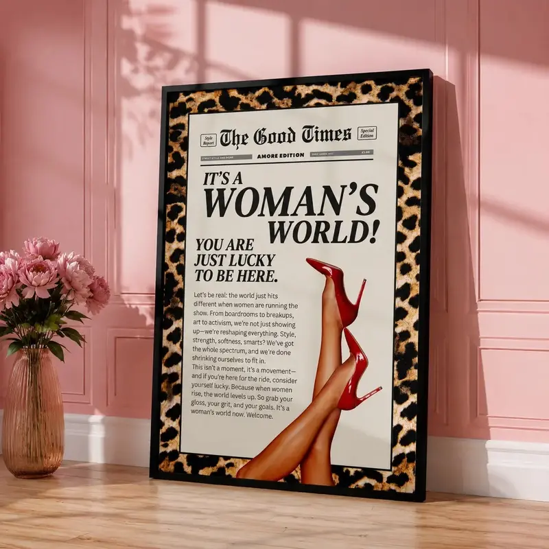 Leopard Print Wall Art Poster - Retro Feminist Newspaper Style, Bold Trendy Home Decoration, Artistic Photo for Room Home Decor Supplies