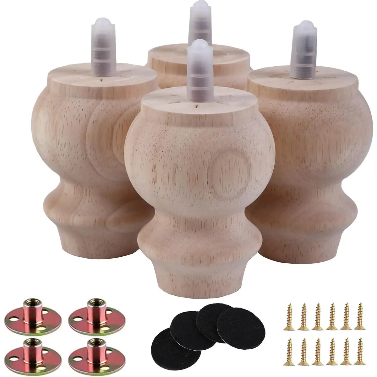 3 Inch Unfinished Wood Bun Feet for Furniture Legs, Set of 4, M8 Bolt Screw In, DIY Replacement for Dresser, Couch, Sofa, Cabinet, Ottoman, Home Repair