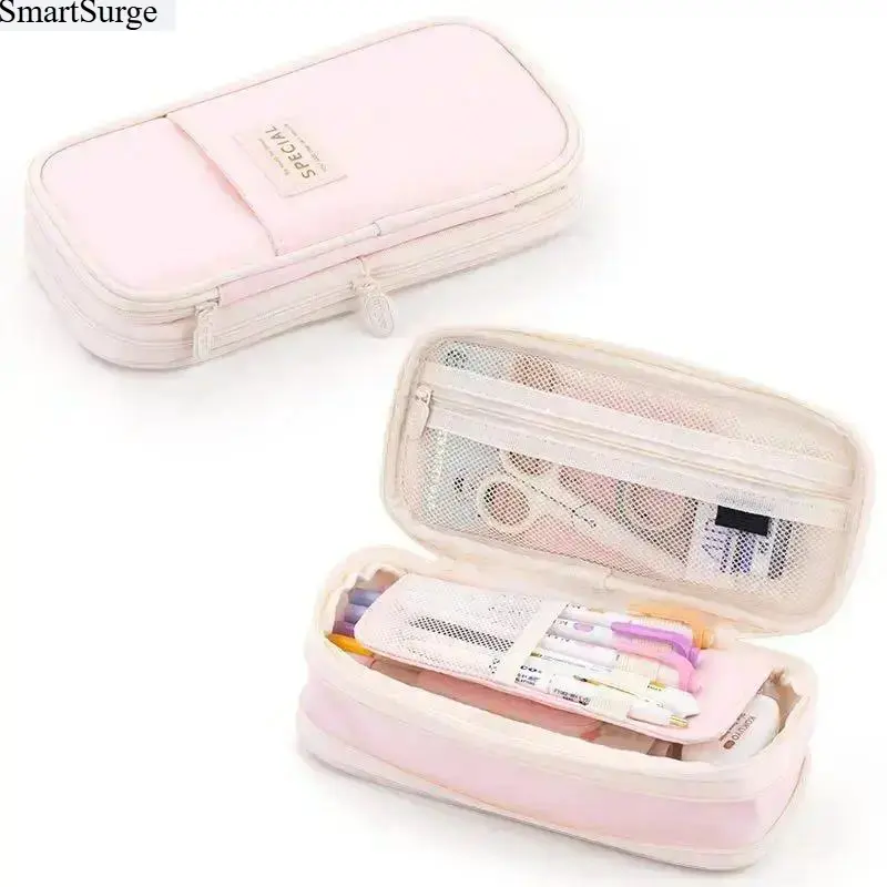 Aesthetic Rectangular Pink Pencil Pouch - Large Capacity, Double Zipper, Multi-Compartment Interior, Mesh Pockets, Organizer Slots for School/Office Indoor Recreation Supplies