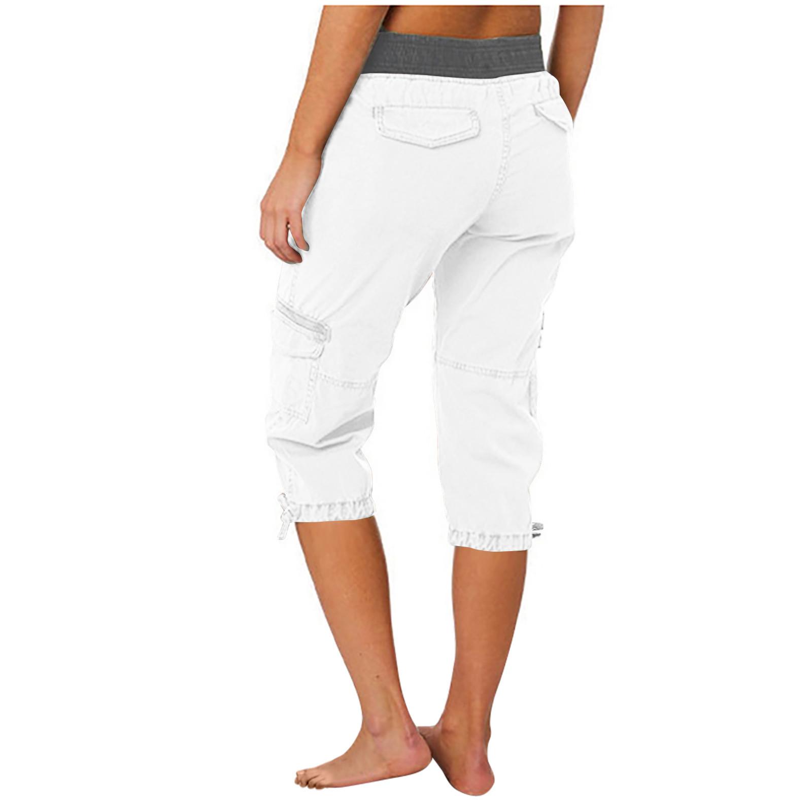 Women Cargo Capris Soild Casual Pants With Pocket Drawstring Outdoor Hiking Pants Women'S Slacks Thin Streetwear Tops Chic White Womenswear Bottom Comfort Basic