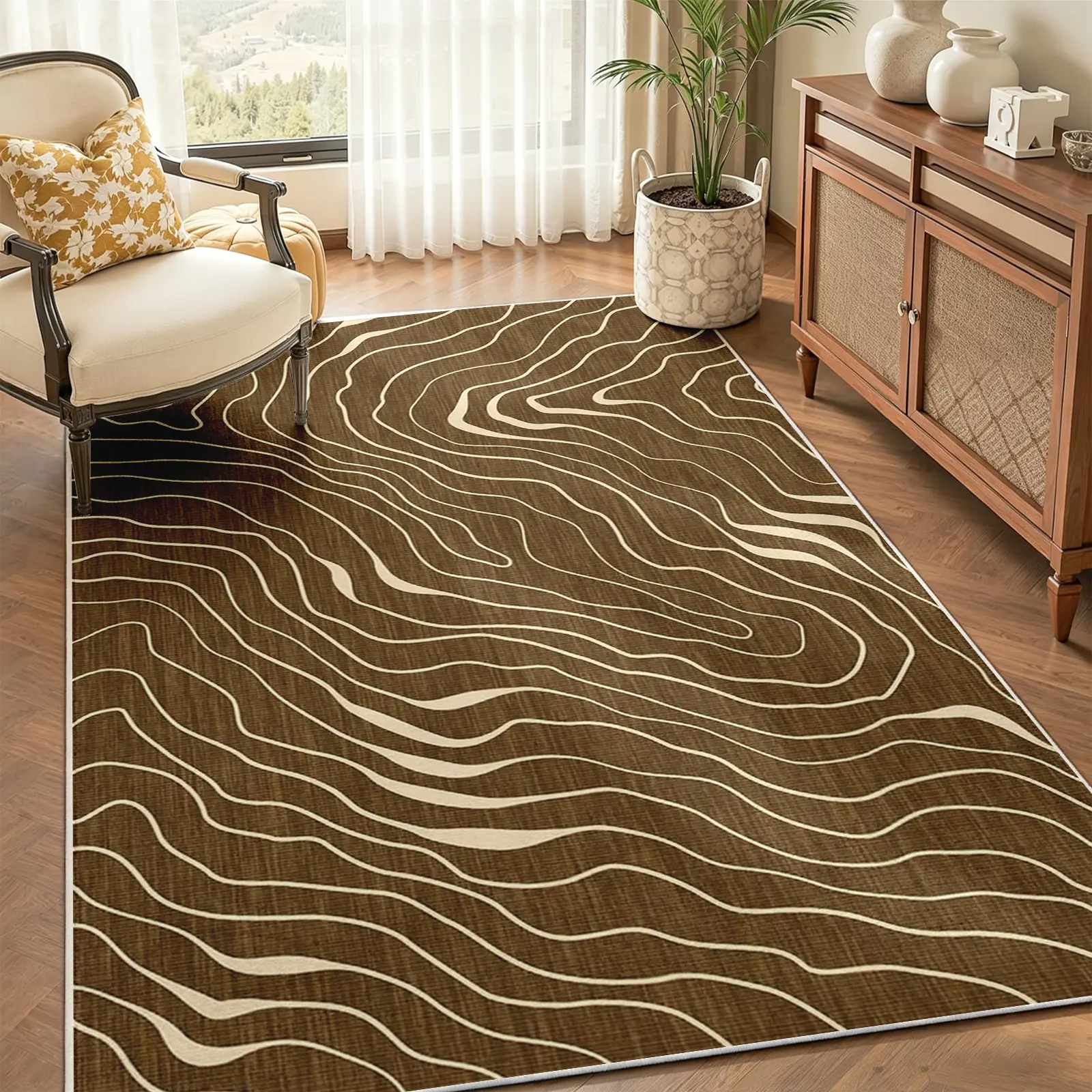 Wool-Like Modern Abstract Topographic Waves Area Rug - Brown-Cream, Soft, Non-Slip, Machine Washable, Stain-Proof Low-Pile Indoor Floor Covering, Multi-Size Decor for Living Room Decor, Home Office