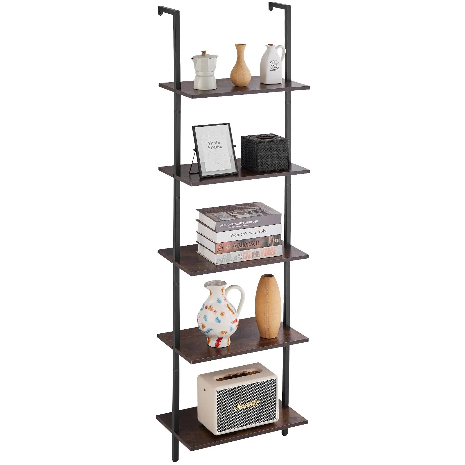 VEVOR 5-Layer Wall Mount Ladder Shelf Rack, 17.3x11.8in Metal Frame Open Organiser, Minimalist Room Accessories for Kitchen, Living Room, Bedroom, Black