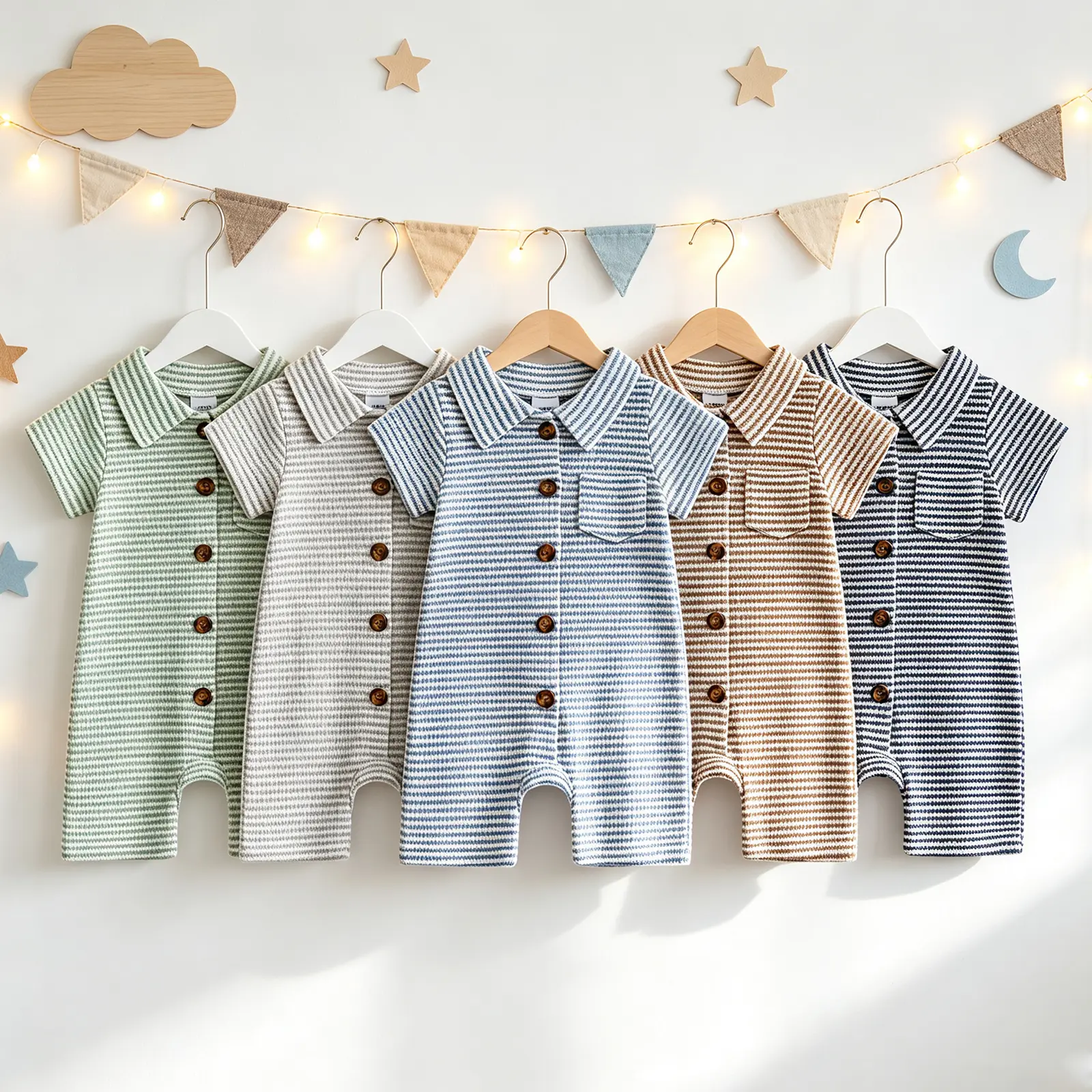 Baby Boys Summer Striped Jumpsuit Short Sleeve Turn Down Collar Button Up Casual Romper