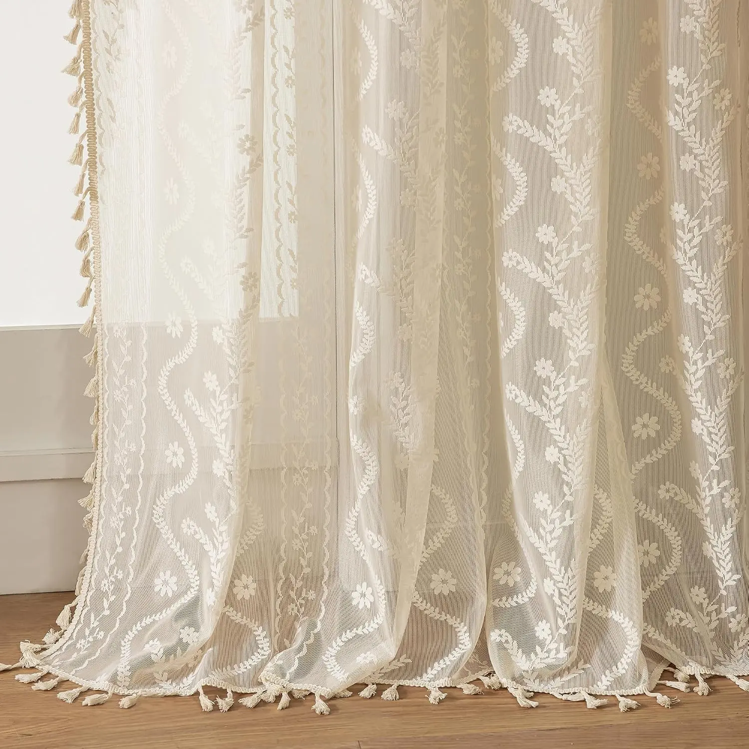 Boho Lace Curtains 2 Panels 84 Inches Long-Cute Vintage Victorian Sheer Panels with French Country Flower Pattern & Tassel Light Filtering Privacy for Bedroom Dining Living Room,Beige