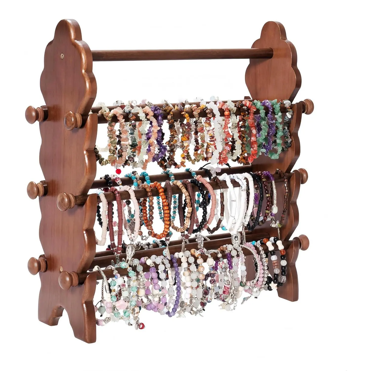 Two-Sided Wooden Jewelry Bracelet Holder Display Stand with 6 Removable Holders - 3 Tier Bar Bangle Organizer Perfect for Organizing and Showcasing Bracelets, Watches, and Accessories