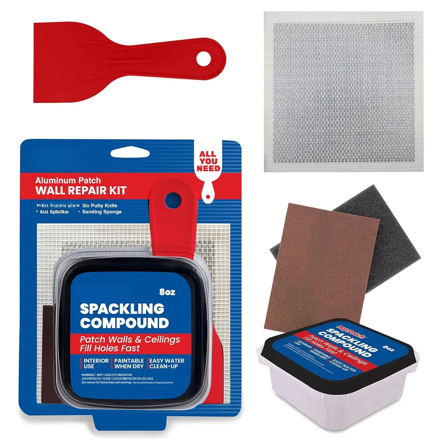 ® Drywall Repair Kit, 4- Set – Includes Self-Adhesive  Patch, 8 oz Spackle,  Recycled 3" Putty , and Sanding Sponge – Multi-Purpose Wall Repair for Drywall, Plaster