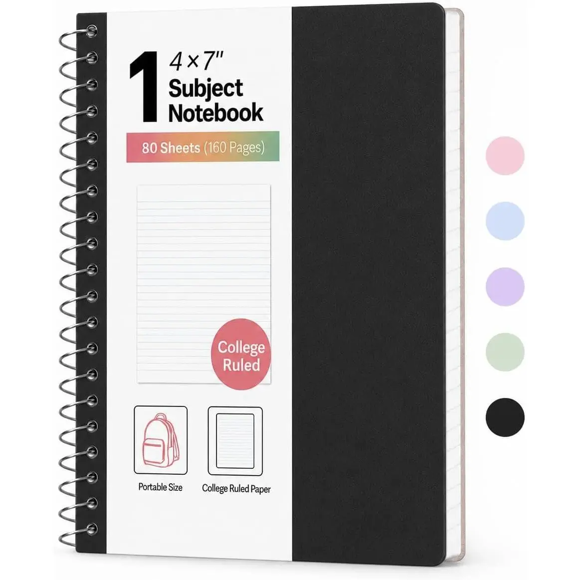 Mini Spiral College Ruled Notebook, 4"x7" 1-Subject Office/School Supplies, 80 Sheets, Perforated Pages, Sturdy Pocket Storage, Ink Resistant, Plastic Cover, Modern Small Pocket Size, Sturdy Front Cover