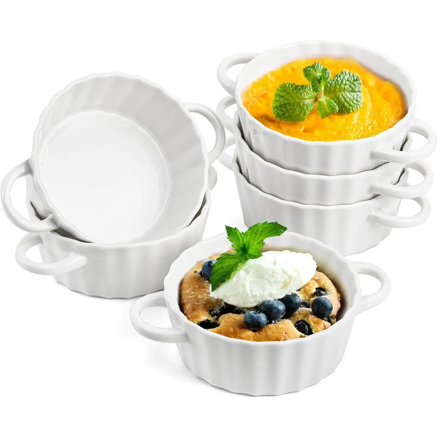 6 Pack 10 Ounce Oven Safe Porcelain Souffle Dishes with Double Handles, Round Mini Baking Ramekins for Quiche, Pie, Pudding, Creme Brulee