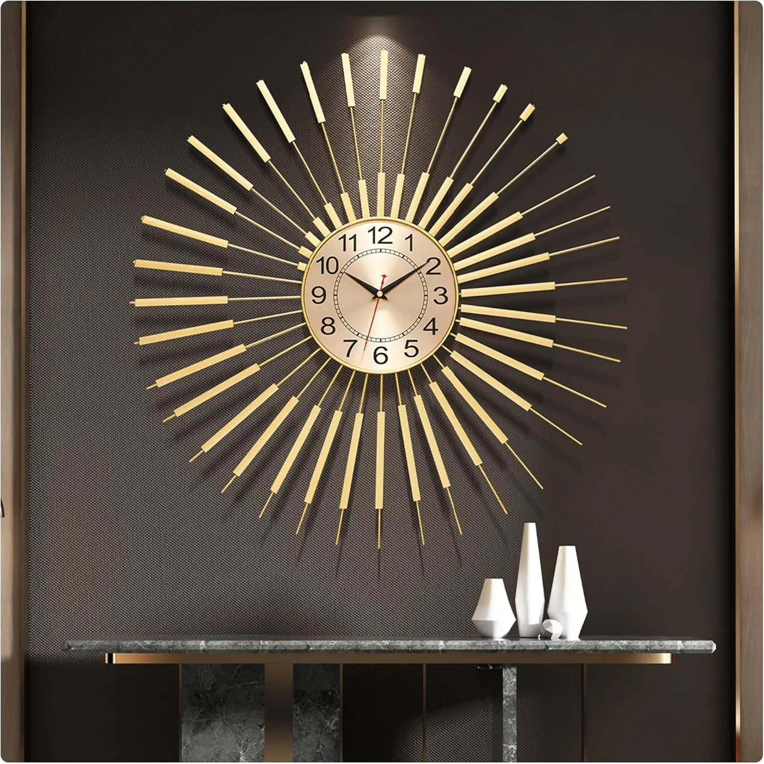 Large Wall Clocks for Living Room Decor 24 Inch Gold Starburst Wall Clock, Silent Non-Ticking Metal Wall Clocks Battery Operated, Mid Century Boho Farmhouse Modern Art Decor for Bedroom Office