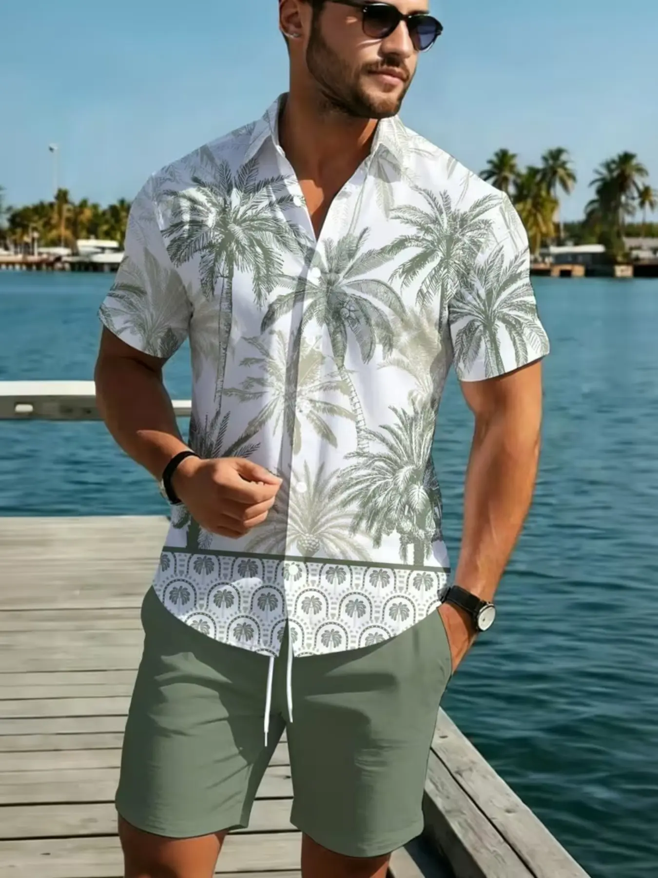 Men's Summer Two-Piece Set: Short Sleeve Palm Print Shirt with Shorts, Lightweight Breathable, Fashionable, Beach, Vacation, Outdoor Dining