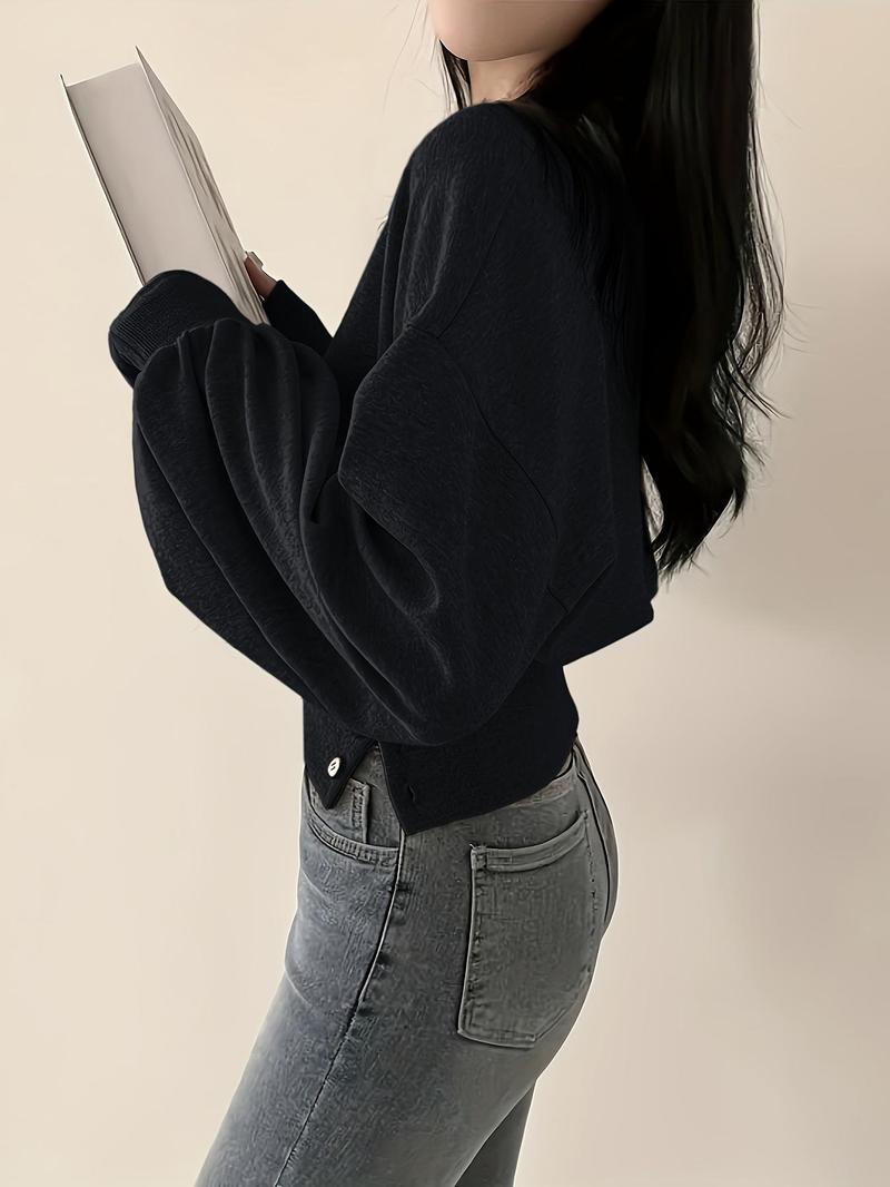 Women's Plain Button Decor Pullover Sweater, Y2K Casual Long Sleeve Crew Neck Jumper for Spring & Fall, Fashion Women's Knitwear for Daily Wear