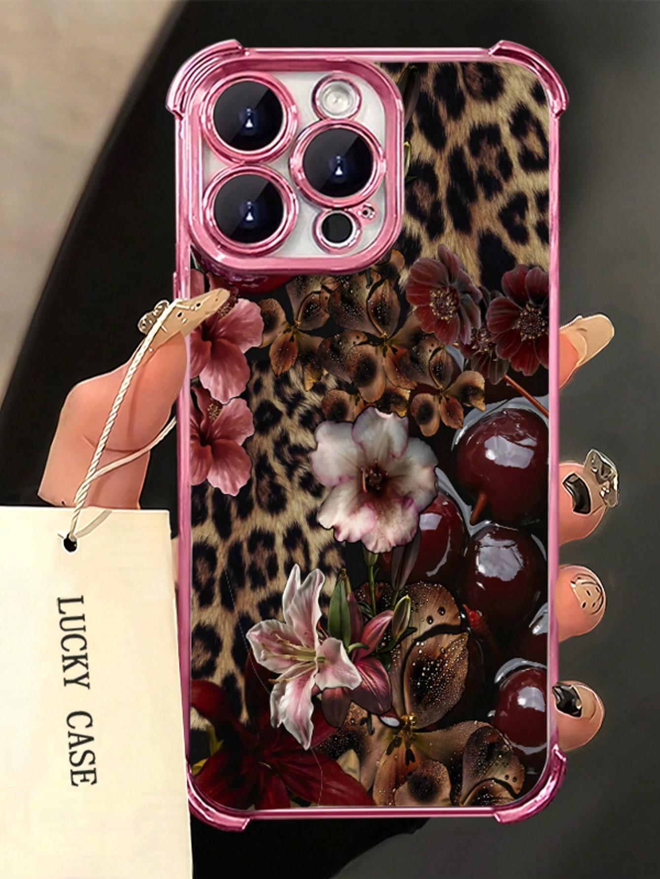 1pc Leopard Cherry Flowers Compatible With Apple Phone17/16/15/14/13/12/11/ProMax/Pro/Plus/Xs Max/XS/X,Four Corner Anti Fall Transparent Soft Shell Anti-Slip, Anti-Drop, Camera Lens Protection, Silicone Anti Wear Phone Case