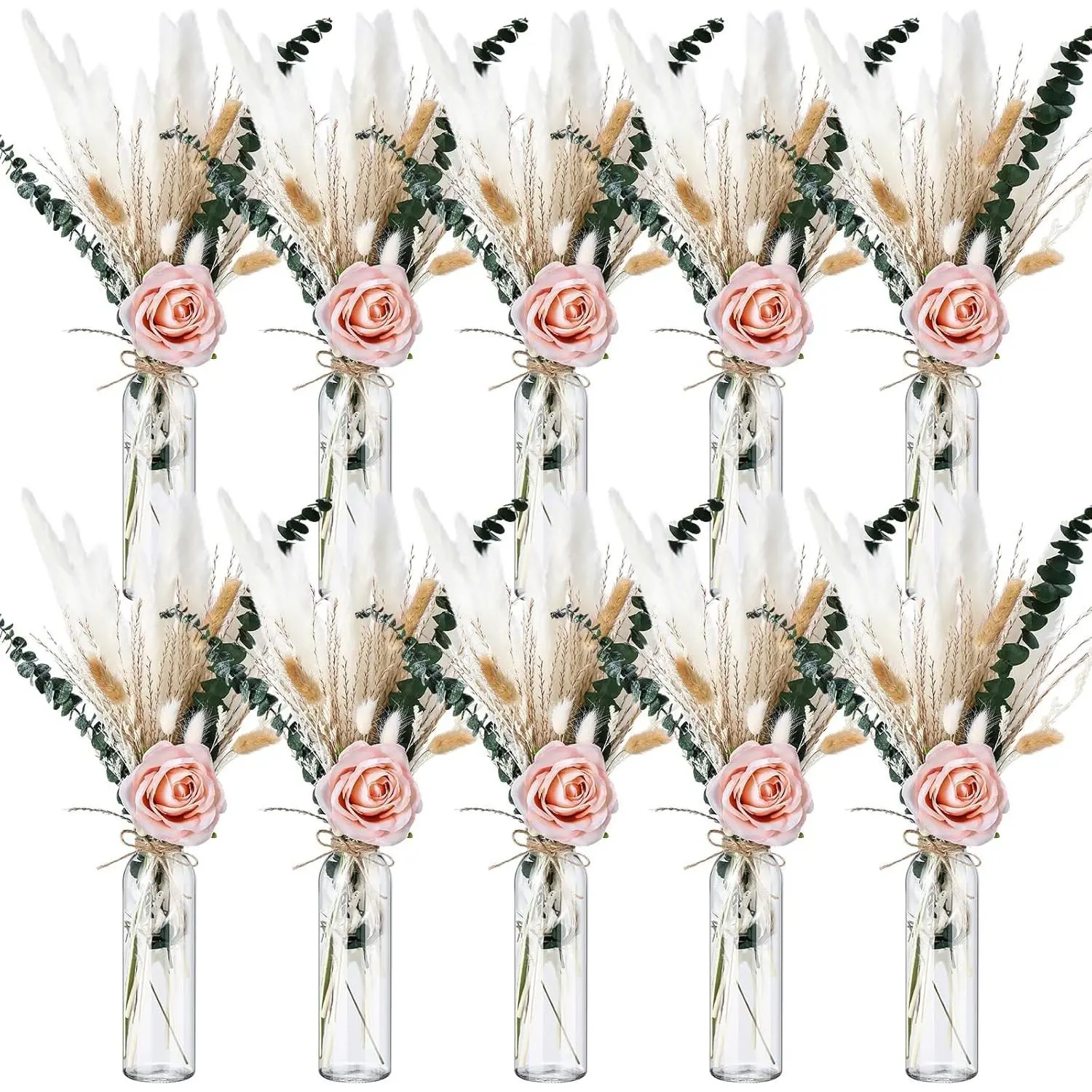 10 Set Dried Pampas Grass Centerpiece for Wedding  Shower Party 10 Glass Flower Jars 10 Artificial Roses 80 Dried Pampas Grass with Rope for Rustic Bridal  Decoration()