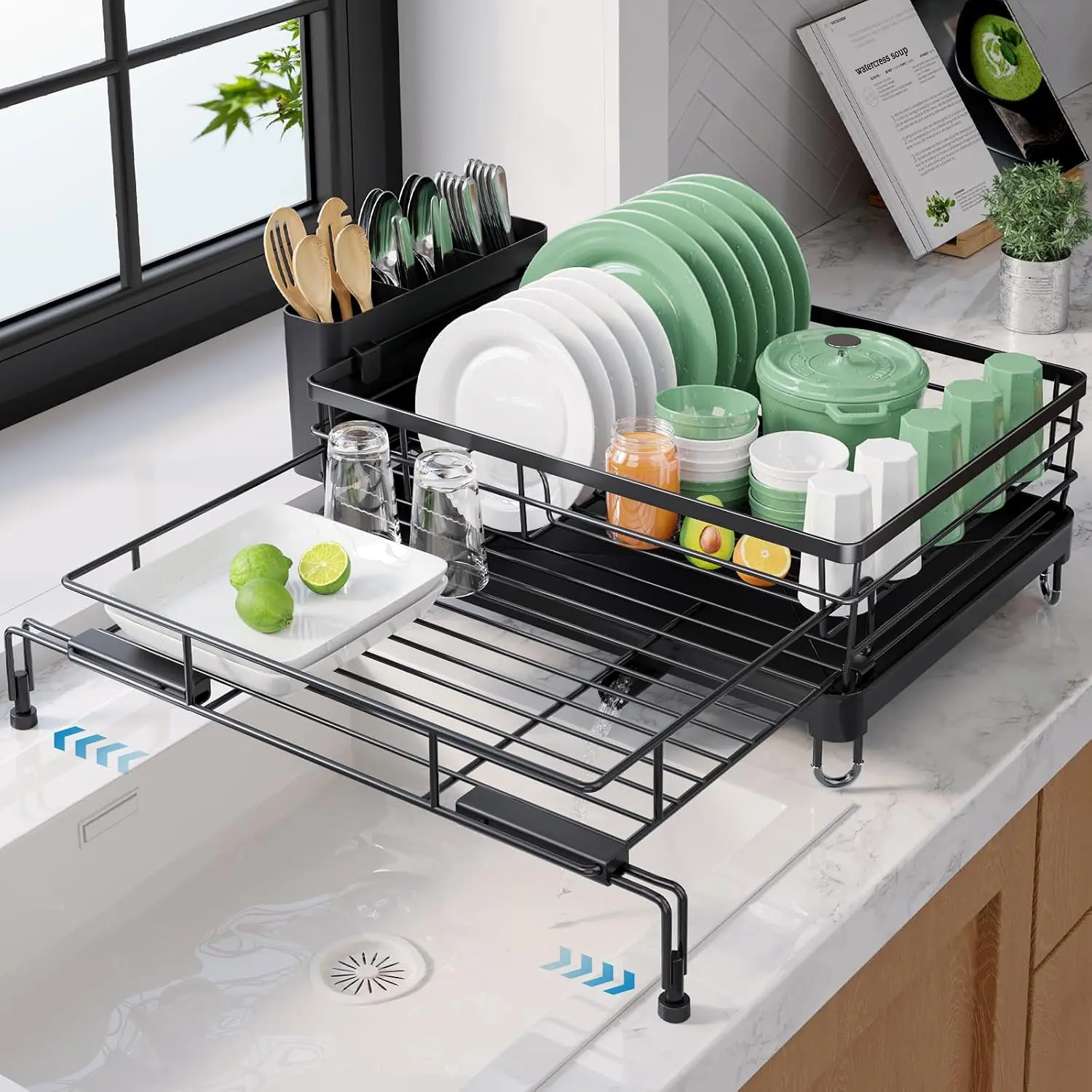 Extendable Dish Drying Rack - Rust-Resistant Dish Racks for Kitchen Counter with Adjustable Support , Cutlery Holder & Removable Draining Tray (Black, 15.6''-25.2''L × 16.9''W × 8.1''H)