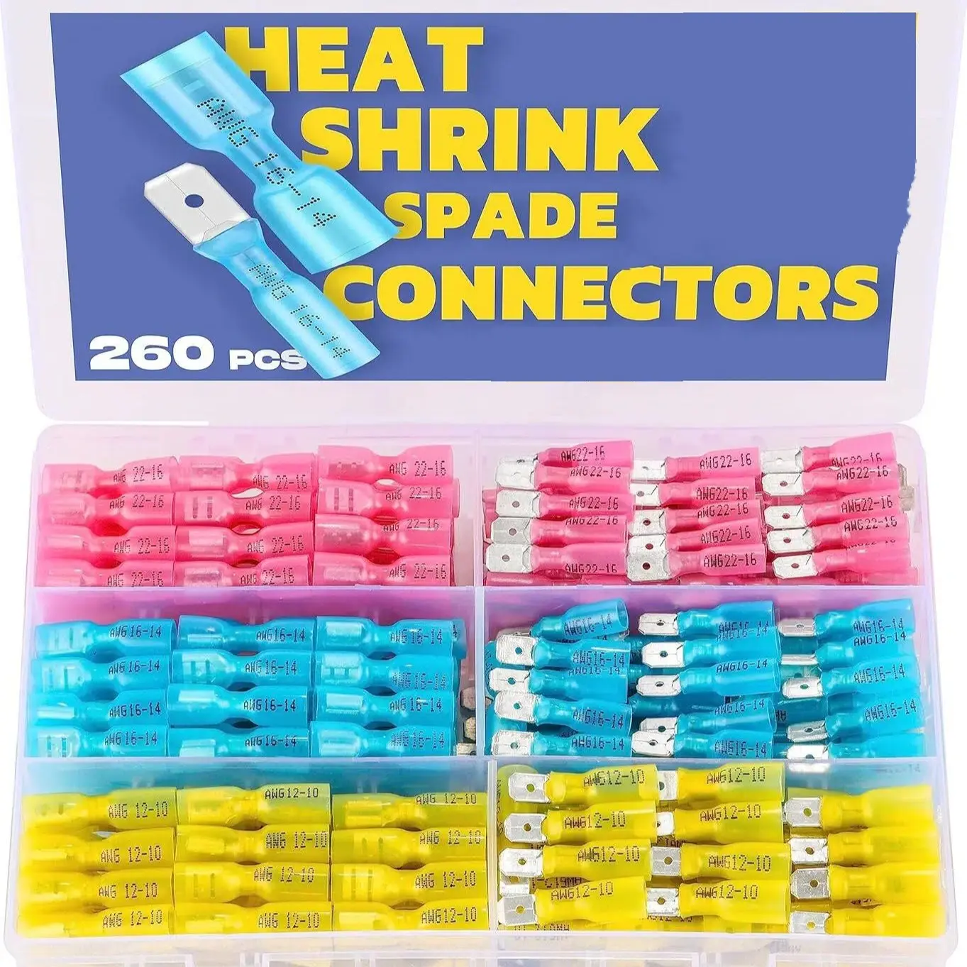 260PCS Heat Shrink Spade Connectors - Quick Disconnect Female & Male Spade Terminals for Watercraft, Electronics & Automotive
