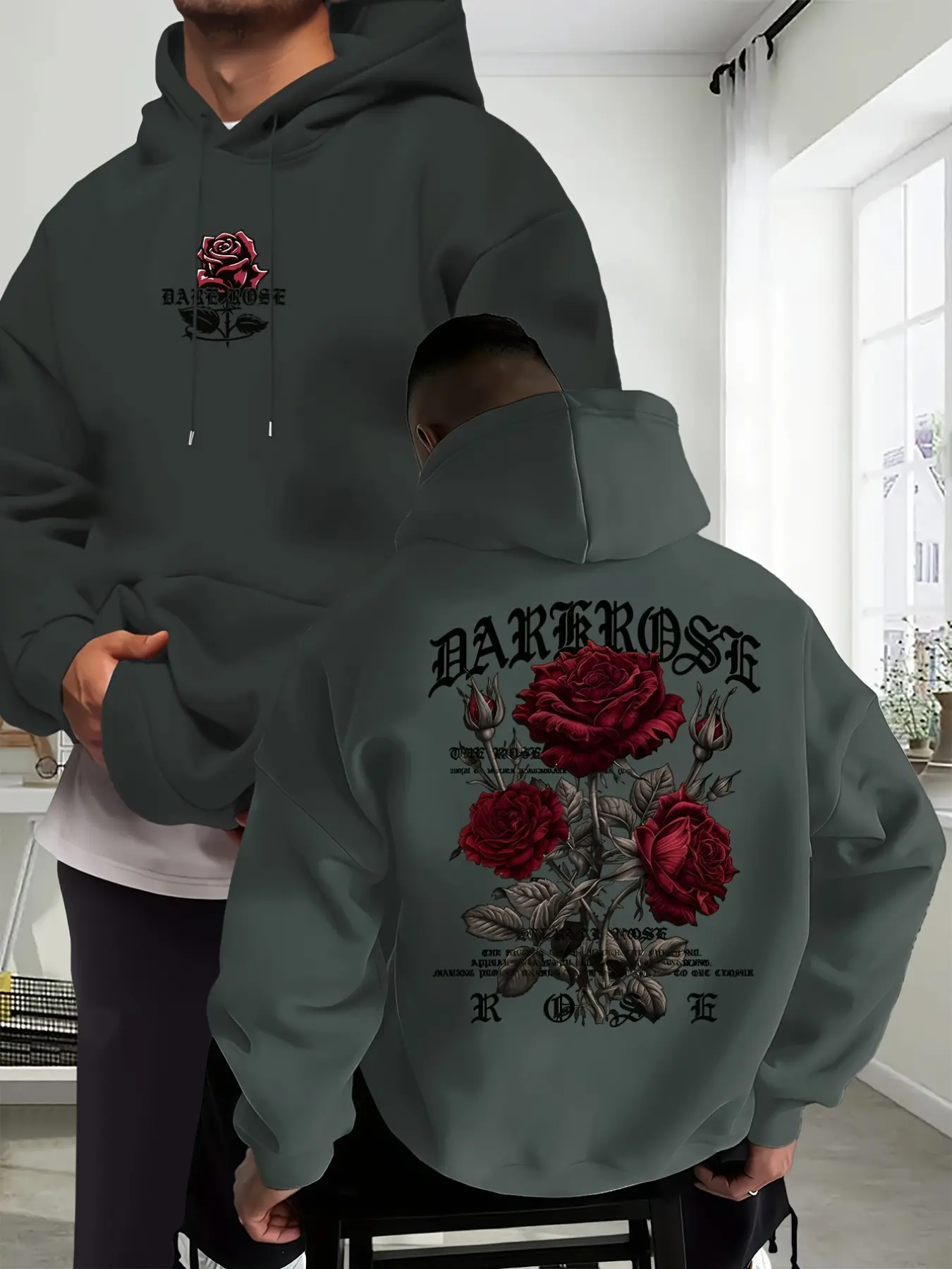 Vintage Gothic Dark Rose Pattern Men's Hoodie, Loose-Fit Streetwear with Drawstring and Pockets, Casual All-Seasons Print Top