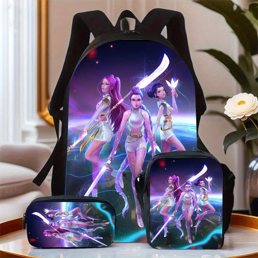 Unisex Demon Theme 3-Piece Cool Backpack Set for Campus Life, 17.3x11x5.1in Multi-Compartment 14-16" Fit Laptop Holder, 7.48x3.14x9.84in Pencil Case, Crossbody Bag, Lunch Bag, Cool Handle Print, 8.66x1.77x4.33in Large-Capacity Retro Campus Gift, Laptop 14