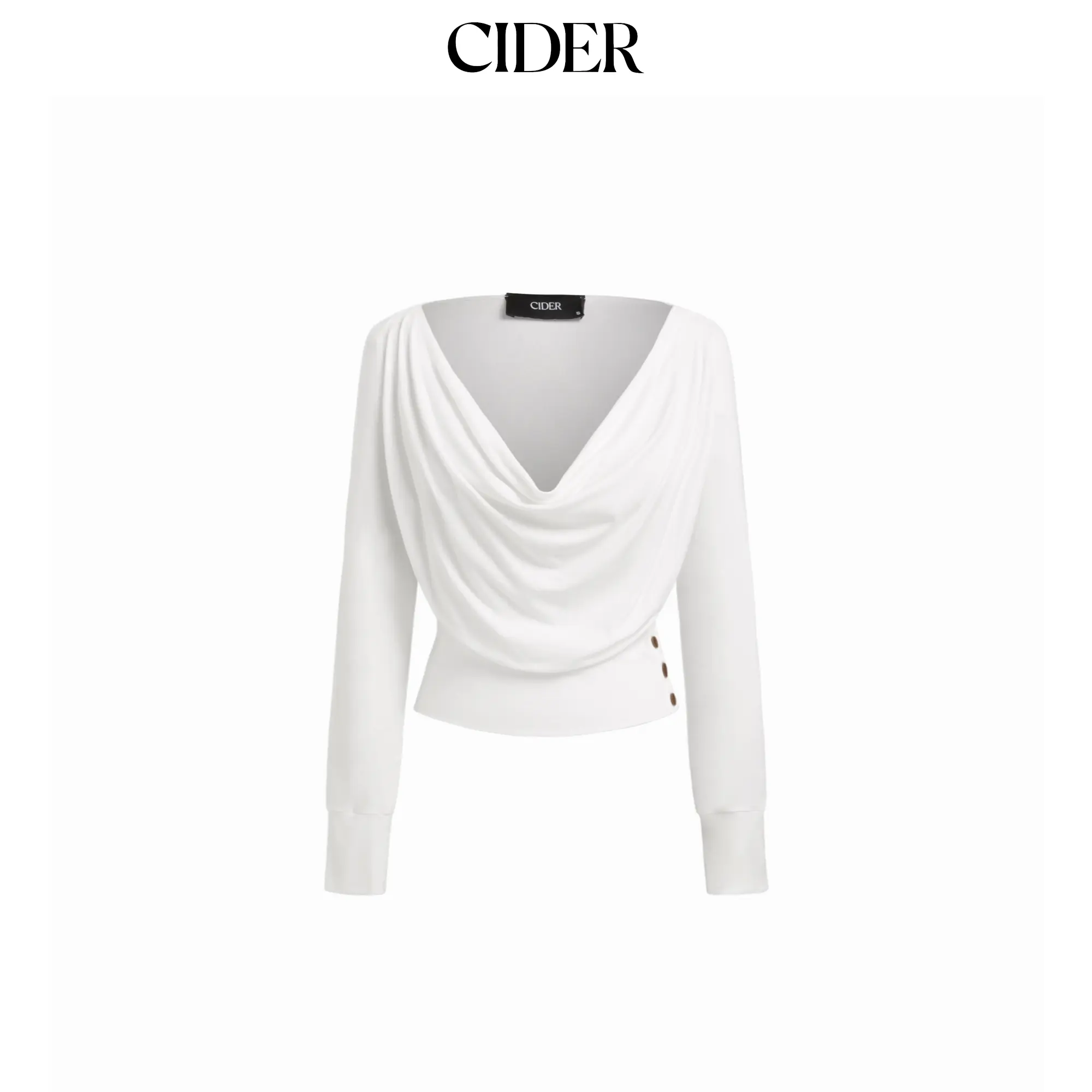 Cider Cowl Neck Ruched Button Long Sleeve Top SummerFinds