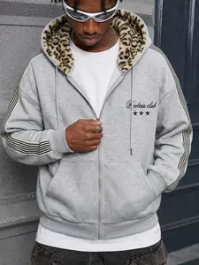 Men's Street Style Hooded Sweatshirt, Vintage Trendy Knit Open Front, Fuzzy Leopard Print, Luxury Brand Logo, Fashionable Gift