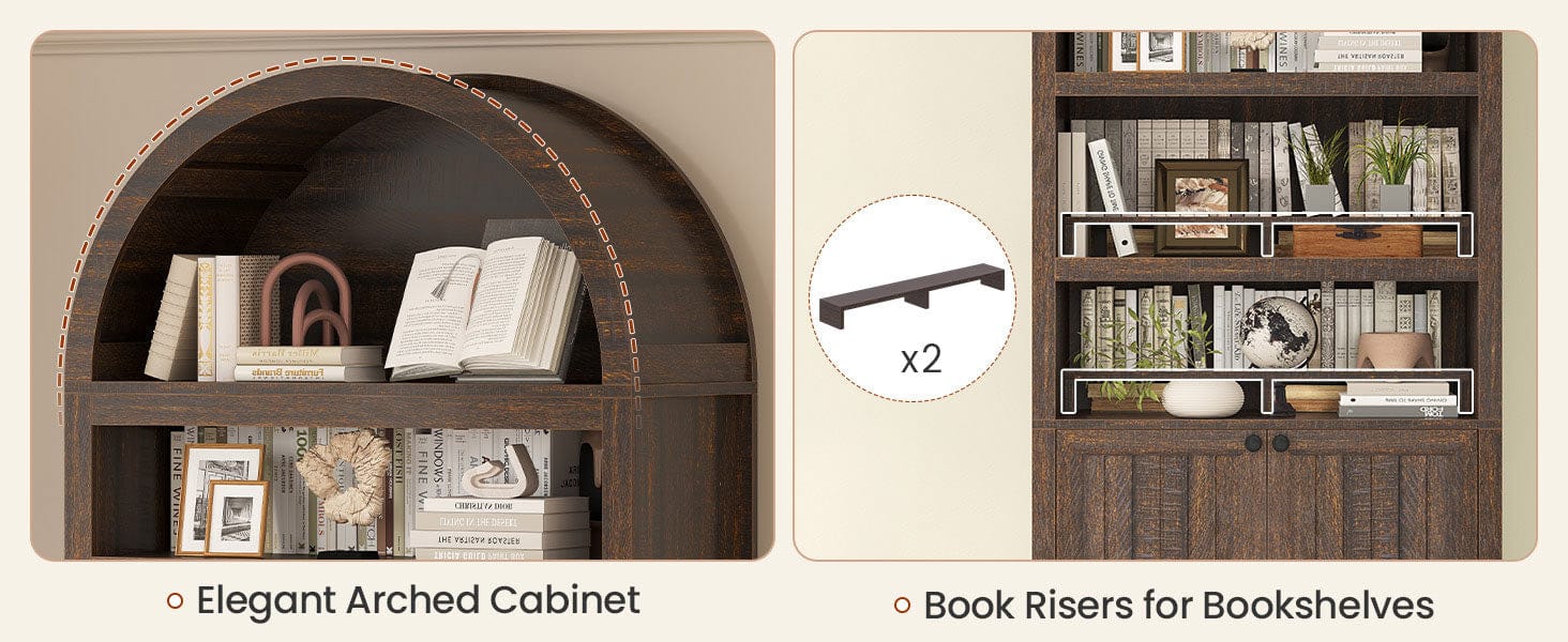 81 Inches Tall Arched 6-Tier Bookcase with Door Walnut