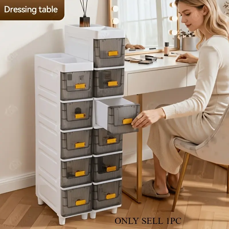Multi layer pull-out storage cabinet, ultra-thin plastic independent narrow type, space saving bathroom shelf, with pull-out shelves and drawers, suitable for storing cosmetics and skincare products