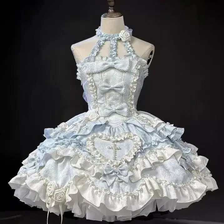 2026 New Sweet Lolita Dress Women Ruffled Lace Halter Neck Cute Dress Bow Princess Party Dress Kawaii Gothic Cosplay Costume