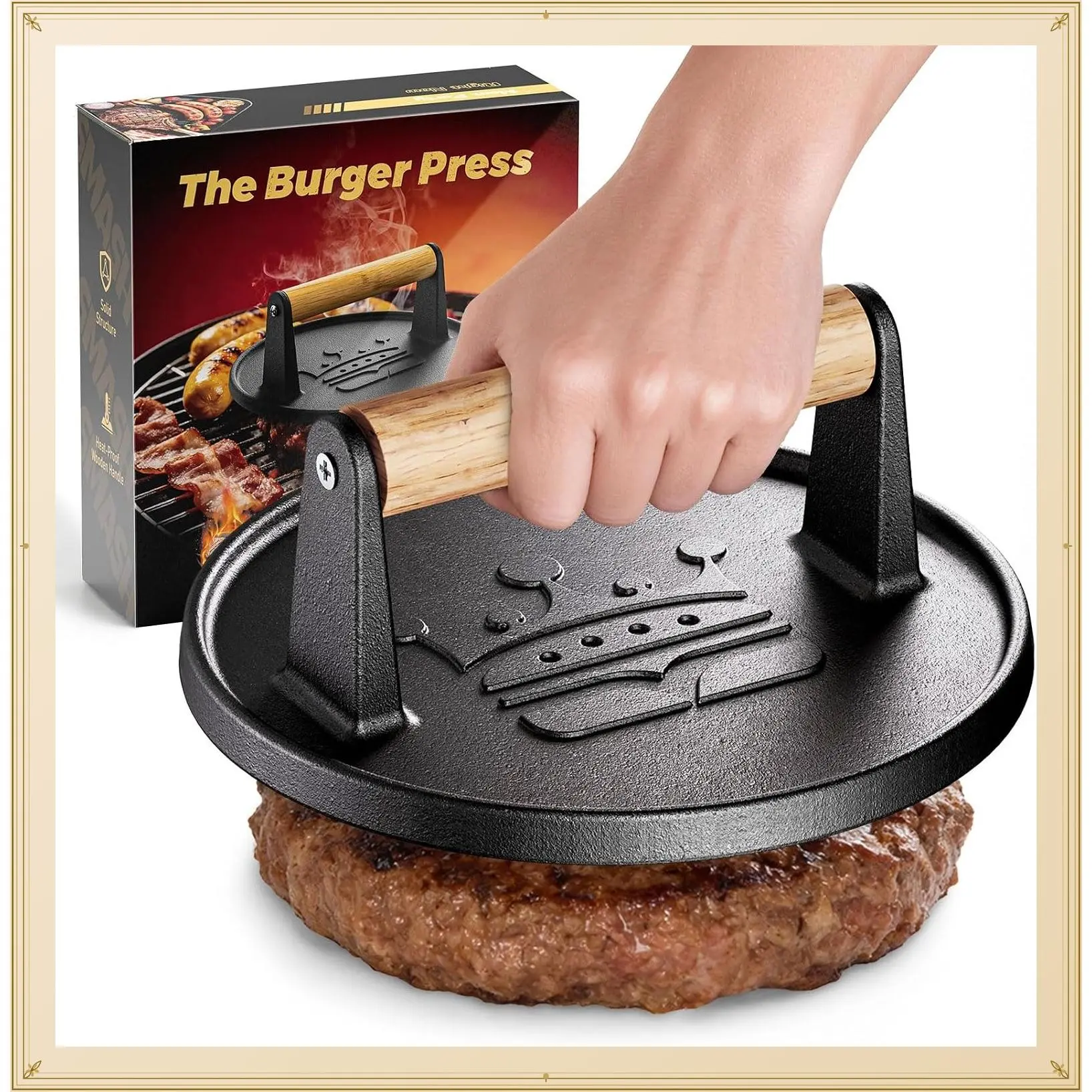 6.5 Inch Cast Iron Smash Burger Press - 2 lb Heavy-Duty Grill Bacon Meat Press with Wood Handle, Nonstick Flat Round Hamburger Smasher for Griddle Accessories, BBQ & Tailgating, GiftGift
