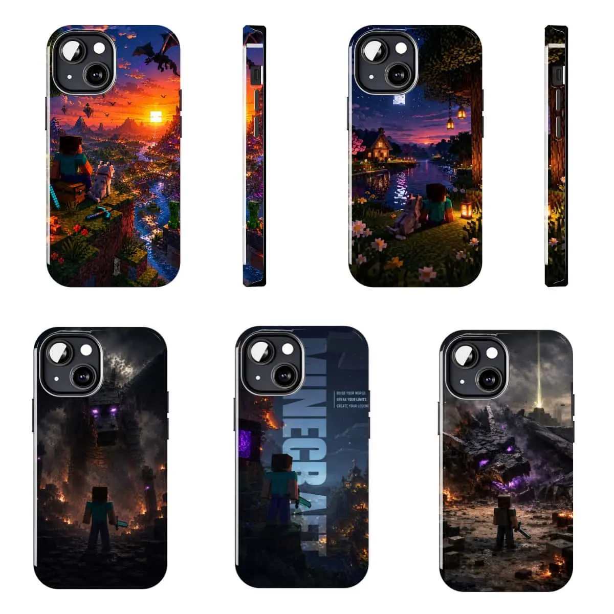 M-Minecraft pixel-style Ender Dragon and sunset village design phone case - hard shell, drop-proof and scratch-resistant, popular gaming accessory, compatible with iPhone 11–17 Pro Max/Plus series and Samsung Galaxy S23–S25 series.