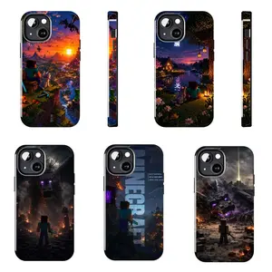 M-Minecraft pixel-style Ender Dragon and sunset village design phone case - hard shell, drop-proof and scratch-resistant, popular gaming accessory, compatible with iPhone 11–17 Pro Max/Plus series and Samsung Galaxy S23–S25 series.