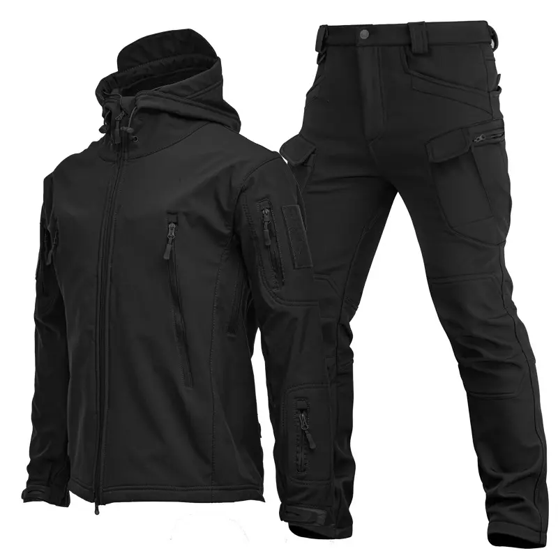 Men Tactical Suit, Hooded Softshell Jacket & Cargo Pants Set, Outdoor Hunting Camping Camo Uniform S-4XL,Outdoor Warm Tactical Camouflage Fleece-Lined Thickened Softshell Jacket And Pants For Fall And Winter, Available In Plus Sizes