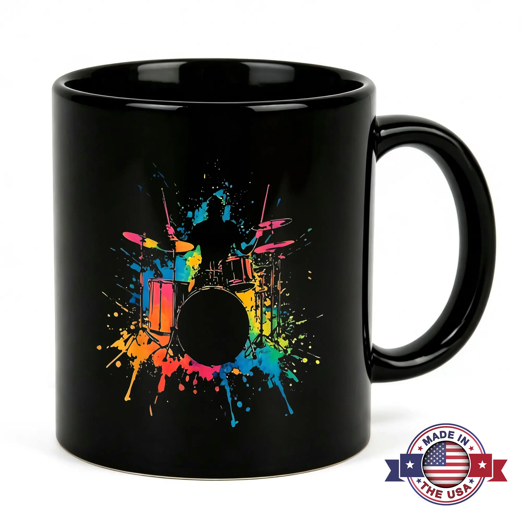 Colorful Drummer Coffee Mug 11oz Black Ceramic Neon Paint Splatter Art Cup Drum Kit Silhouette Graphic Novelty Gift for Musician Percussionist Band Member Music Teacher Studio Decor Rock Pop Concert Souvenir Birthday Present Fun