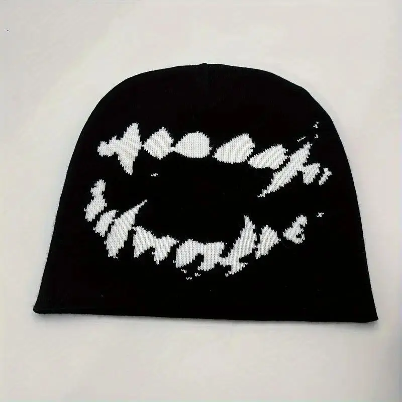 Black & White Tooth Graphic Knit Beanie, Stylish Skull Cap for Daily Wear, Fashion Accessories Beanies