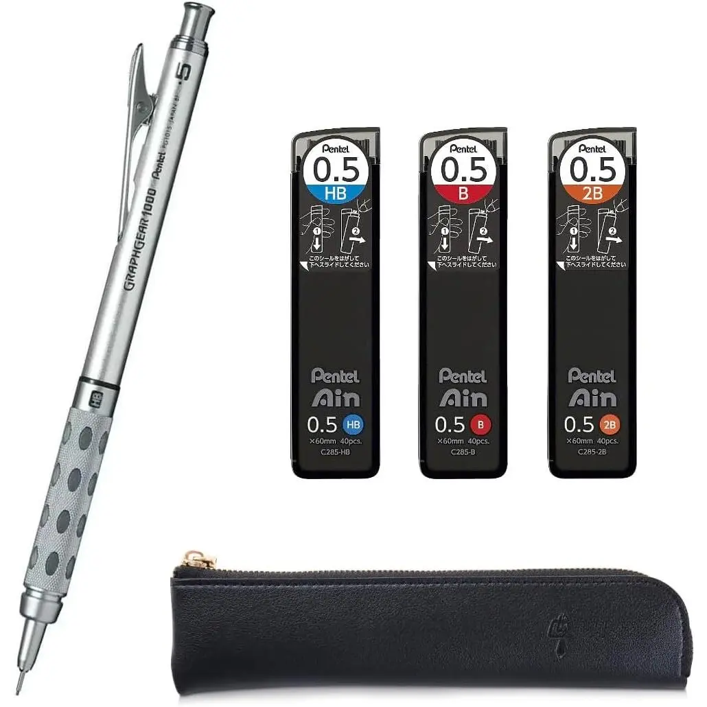 Graph Gear 1000 Mechanical Drafting Pencil + Ain HB/B/2B leads,  Black slim pen case (0.5mm)