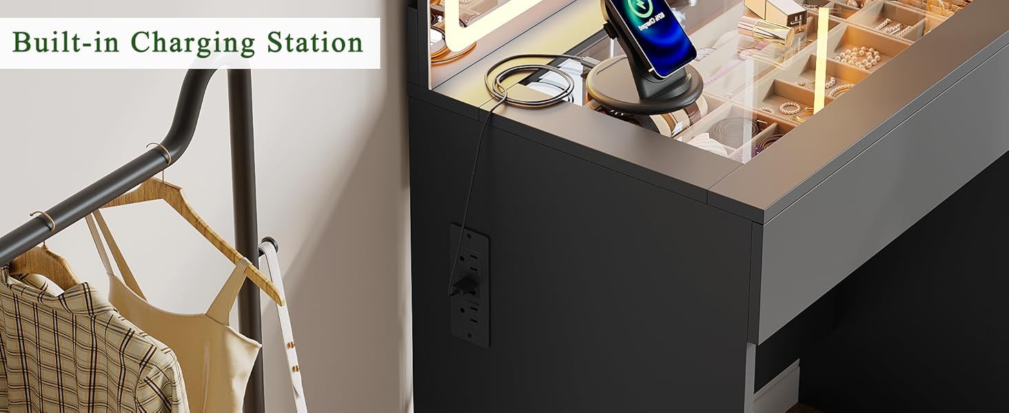 wanan 41" Vanity Desk with Glass Top, Black Vanity with Mirror and Lights, Power Outlet, Jewelry Storage, 3 Adjustable Lighting Modes, Makeup Vanity with 2 Drawers for Bedroom