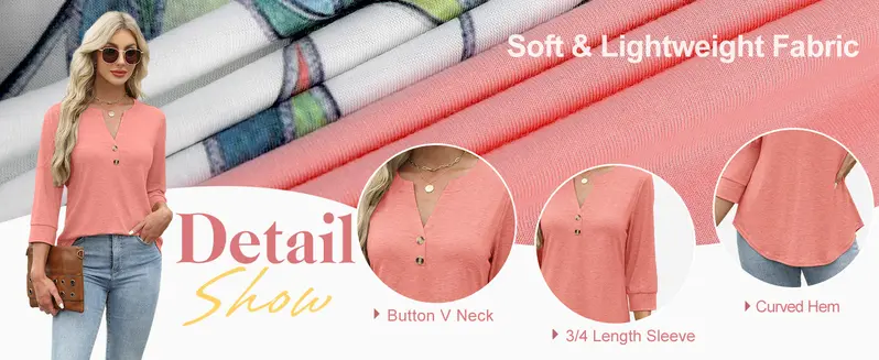 WIHOLL 3/4 Sleeve Tops Summer Outfits for Women Breathable Lightweight Blouses Air Conditioner Friendly Loose Fit Beach Vacation Girls Adjustable