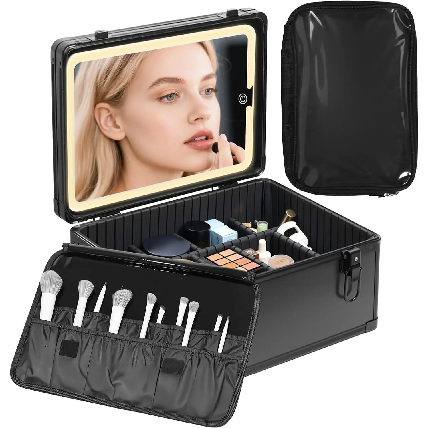 Makeup  15 inches Case with Lighted Mirror –  Organizer with Adjustable Dividers,  LED Mirror, Portable Makeup Suitcase for Women, Black