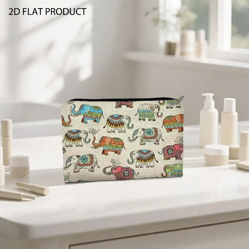Whimsical Colorful Stylized Elephant Print Makeup Bag, Double-Sided Pattern Design, 5.9*8.66inch Portable Cosmetic Pouch, Ideal for Storing Beauty Essentials During Travel & Daily Outings