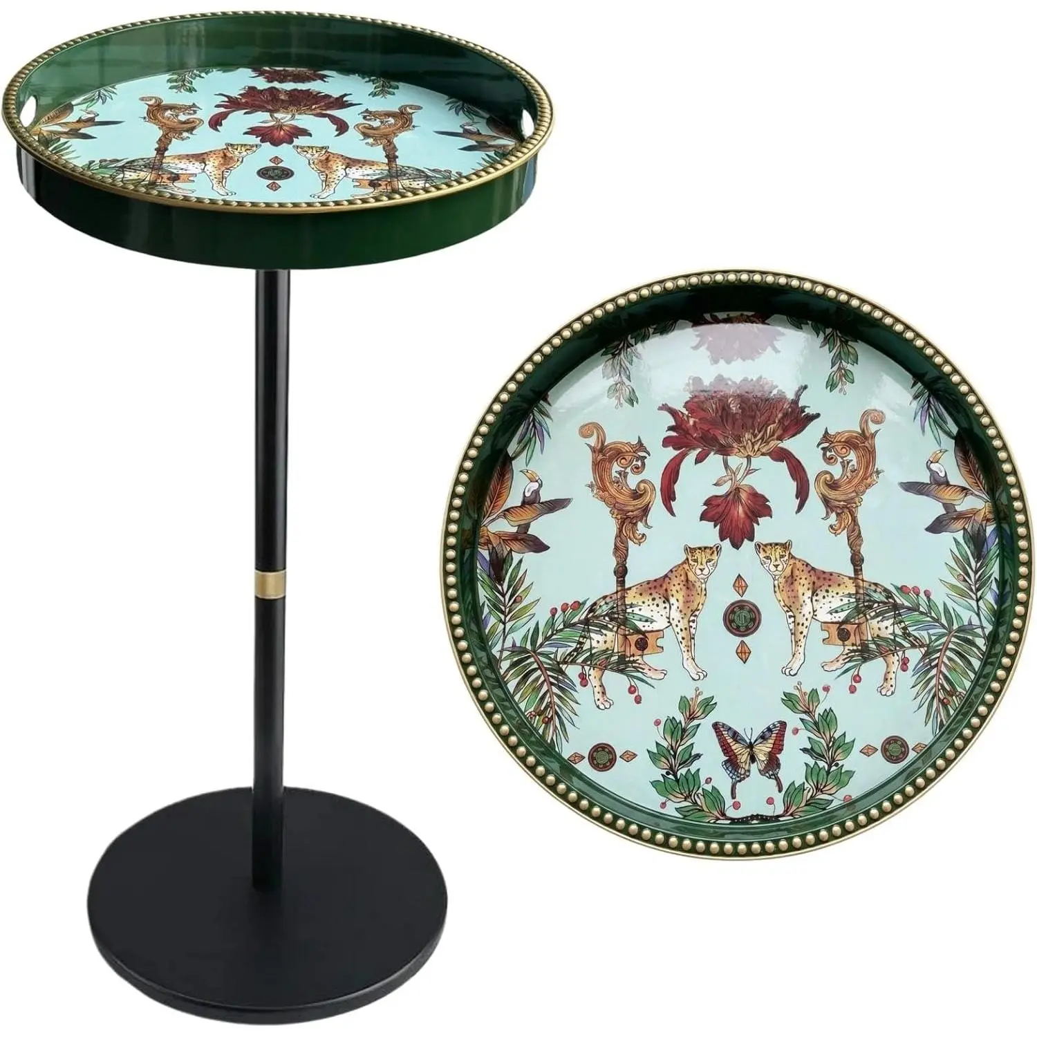 Boho Single  Round Side Table with Tray Top, Pedestal Drink Table for Small Spaces, Aesthetic Accent Nightstand for Living Room, Bedroom, Corners, and Office (Green Leopard)