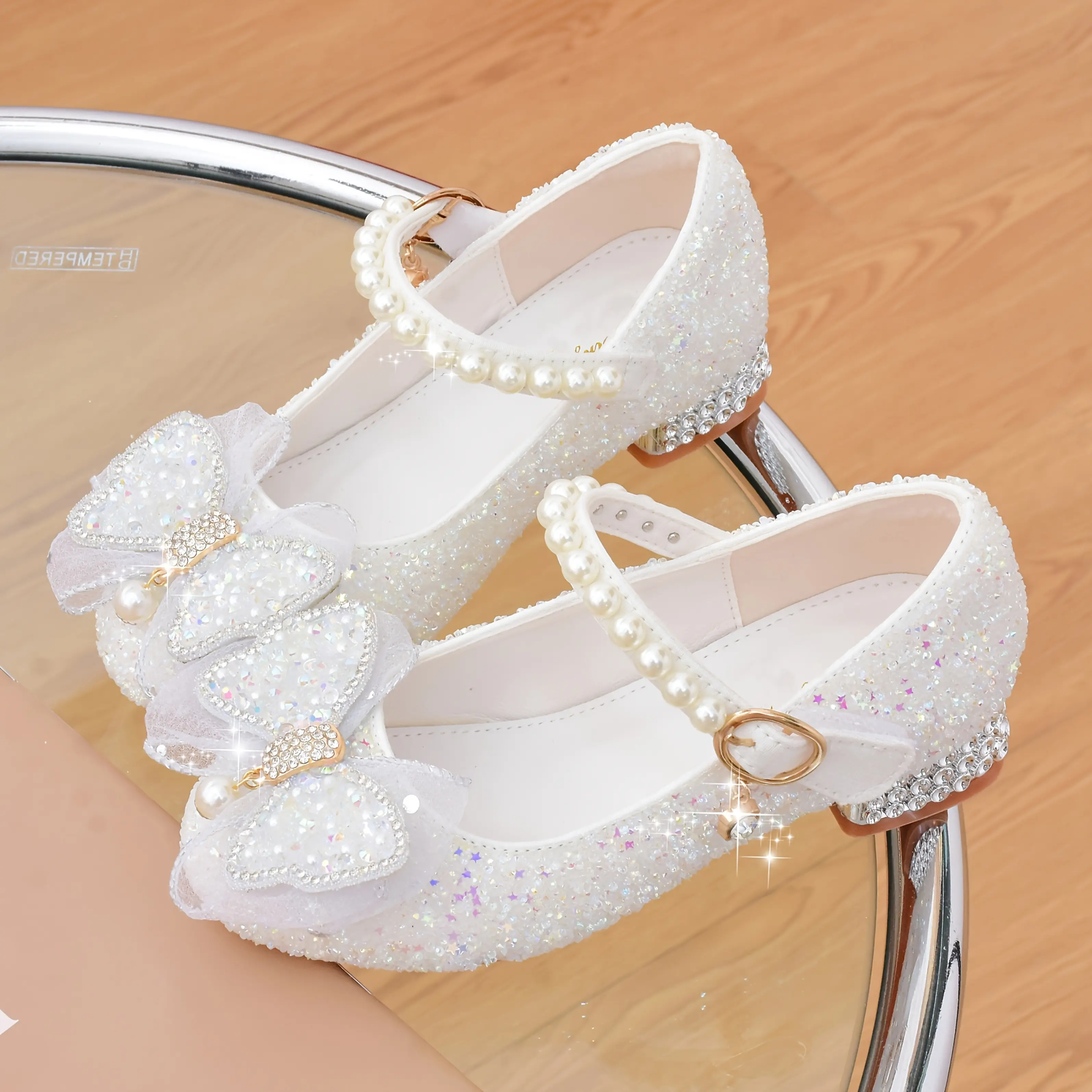 Girls' Heels Children's Bowknot Shoes Shiny Crystal Shoes New Dance Shoes Pearl Dress Princess Shoes