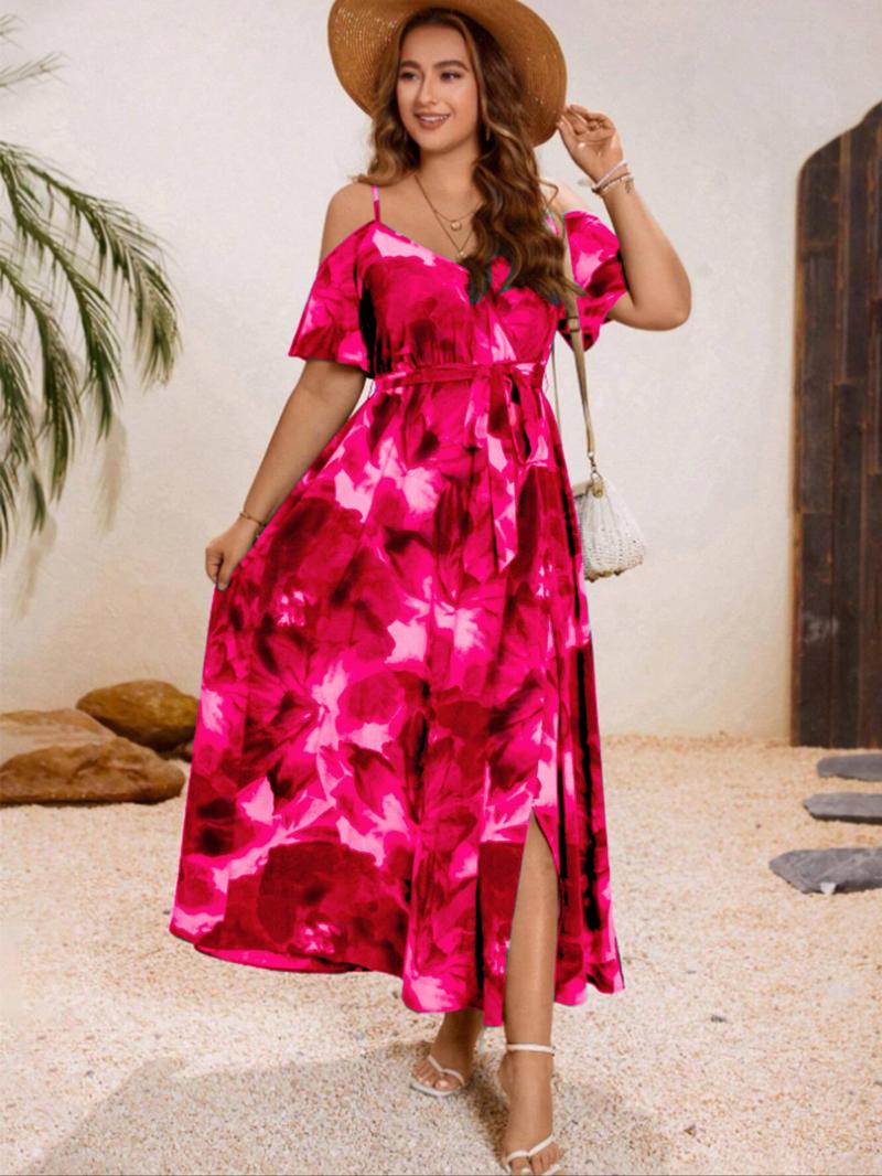 【Plus Size】 All Over Print Cold Shoulder Dress, Boho Short Sleeve Dress for Beach Holiday Vacation, Women's Clothes for Summer, Boho Style Dresses