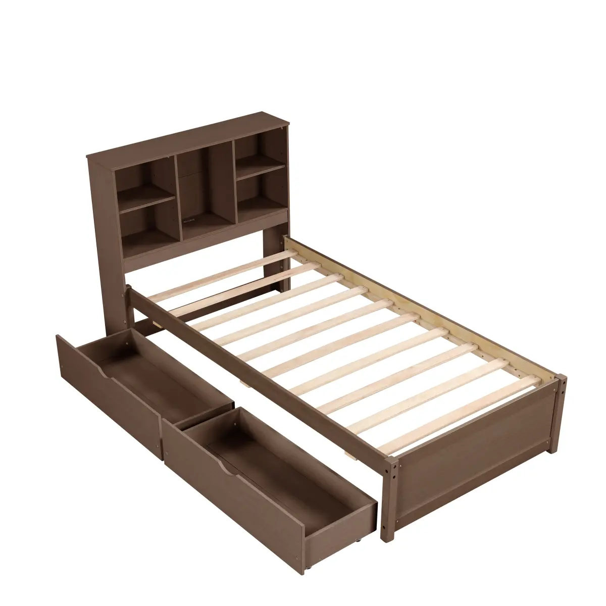 Twin Width Rectangular Twin Size Bed Frame - Walnut, Single Person Bed with Built-in USB Port Bookcase Headboard, 2 Drawers, Slat Base, 87.2inL*42.9inW*41.0inH, 103.6lbs Capacity, Durable, Assembly Required for Bedroom