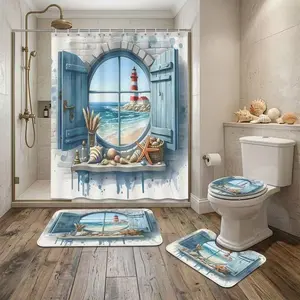 4pcs Nautical Lighthouse Window Shower Curtain Set – Soft Thick Fabric with Coastal Ocean View, Seashell Decor, Valentine’s Day Inspired Bathroom, Extra Plush Bath Mats for Beachy Comfort