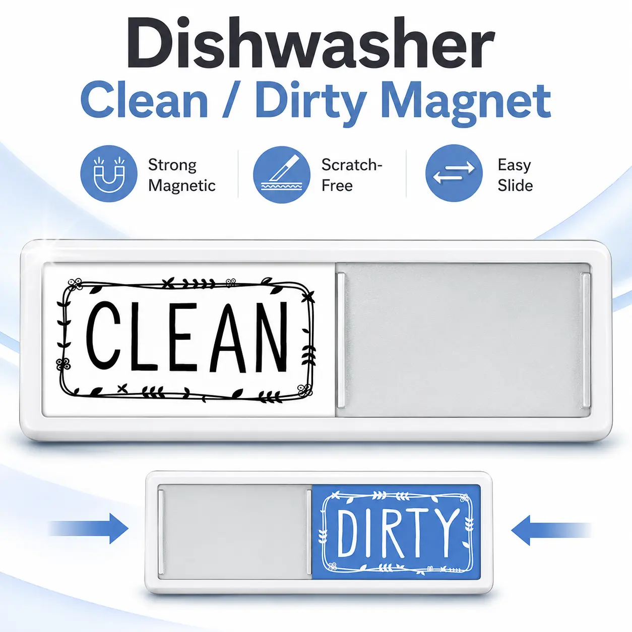 Dishwasher Clean-Dirty Sliding Sign, White & Blue Indicator, Strong Magnet, Scratch-Free Kitchen Home Decor for Farmhouse