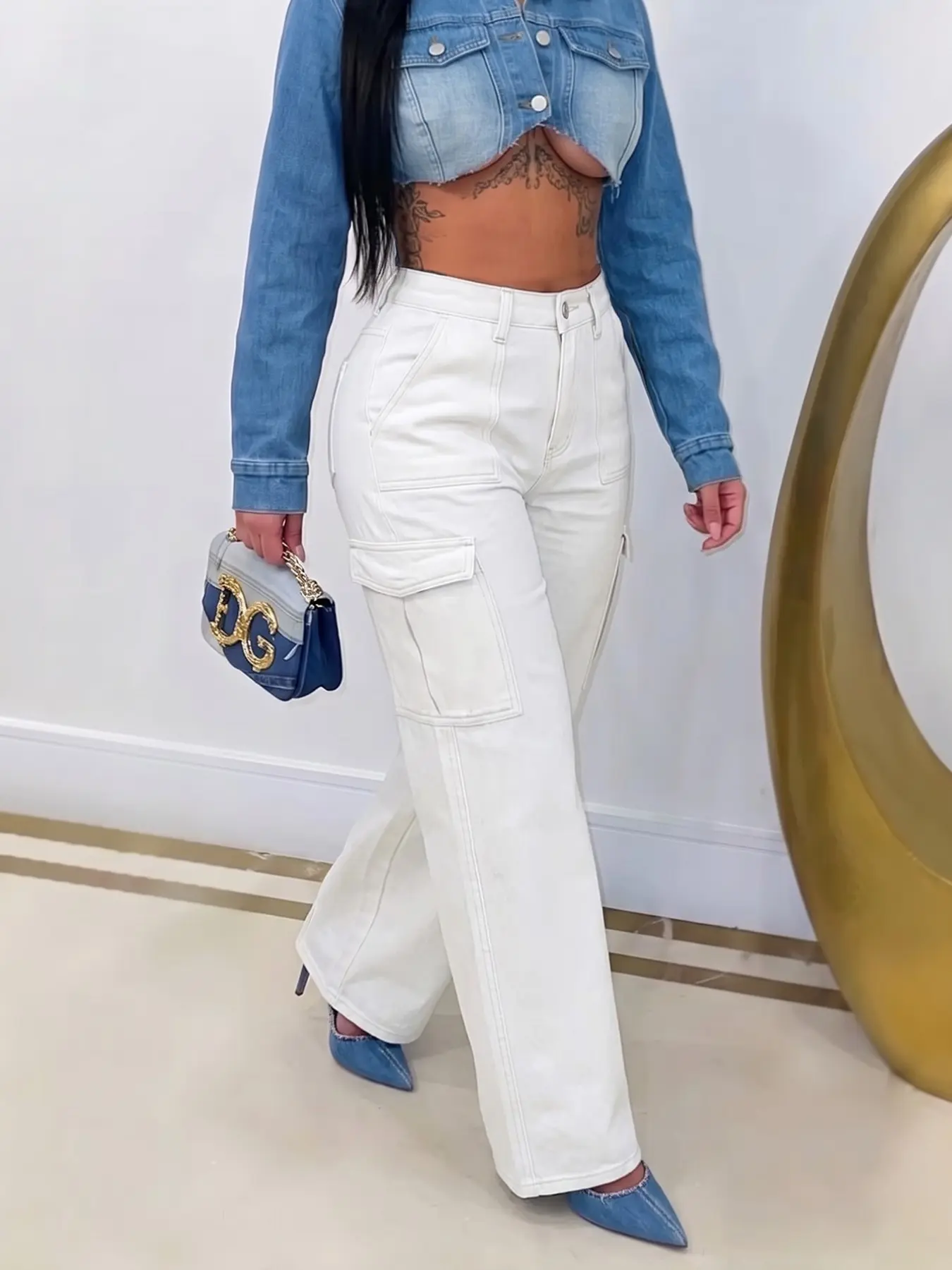 Women's High Waisted Denim Jeans, Side Cargo Pockets, Wide Leg, Casual Streetwear, Daily Wear, Spring Fall Outdoors