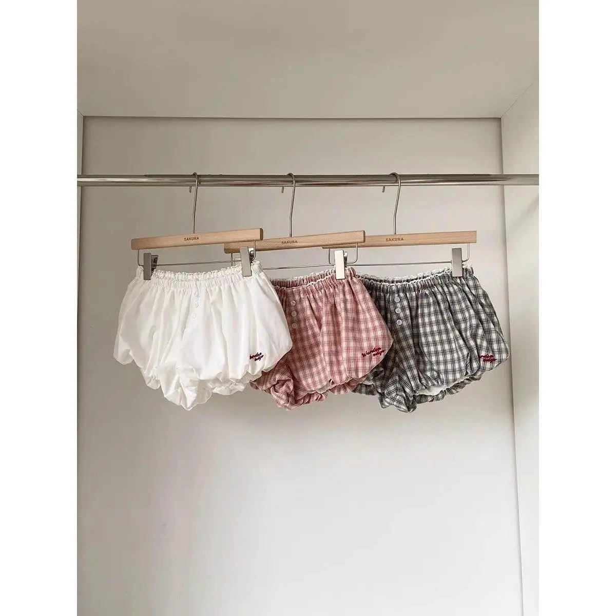 Womens Plaid Bubble Shorts Elastic Waist Bloomer Shorts Casual Short Pants Summer Streetwear