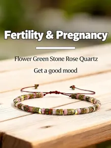 Natural Unakite Rose Quartz Fertility Bracelet for Women, Adjustable Woven Beaded Pregnancy Bracelet for Good Mood & Stress Relief