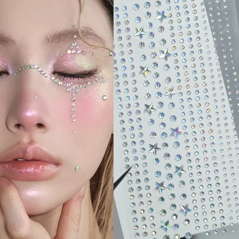 1 Piece Rainbow Facial Rhinestone Sticker, Star Shape Self-Adhesive 3D Crystal Shimmering Effect Face Decoration, Glitter Face Tattoos, Party Makeup, DIY Glamorous Look