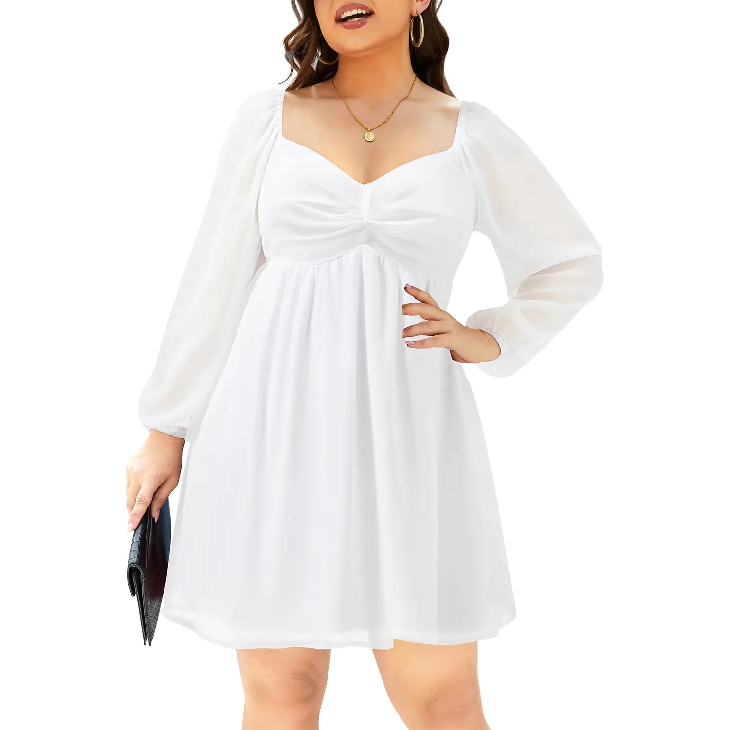 Pinup Fashion Women's Graduation Dress Puff Long Sleeve Homecoming Sweetheart Neckline Chiffon Short Aline Dresses