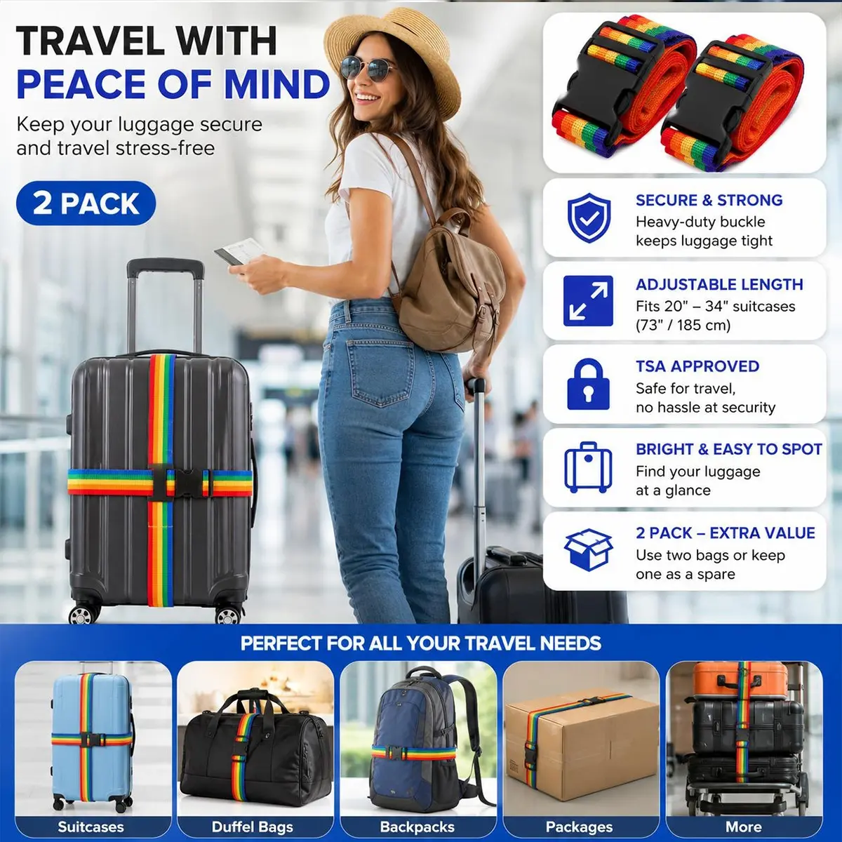 2 Pack Thickened Luggage Straps 73"Long Belts Keep Suitcase Secure, Security While Traveling, Adjustable Length Belts, Bag Accessory, Non-slip Luggage Tie, Easy to Spot, Quick-Release Buckle, Strong Heavy Duty Travel Packing Straps, Travel Accessories
